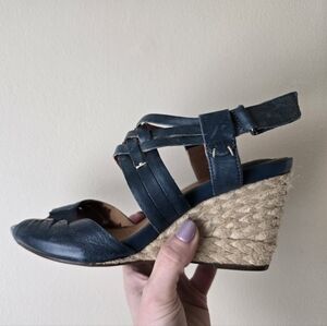 Clarks size 8, blue, wedge, leather heels, fair condition, Espadrilles